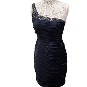 adrianna papell navy satin ruched one shoulder beaded sequin dress size 6